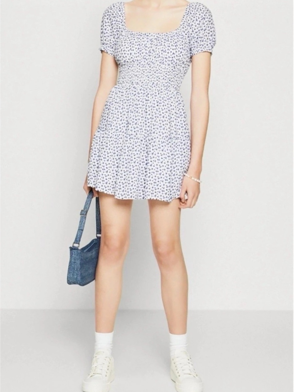 Floral Mini Dress in White & Blue XS